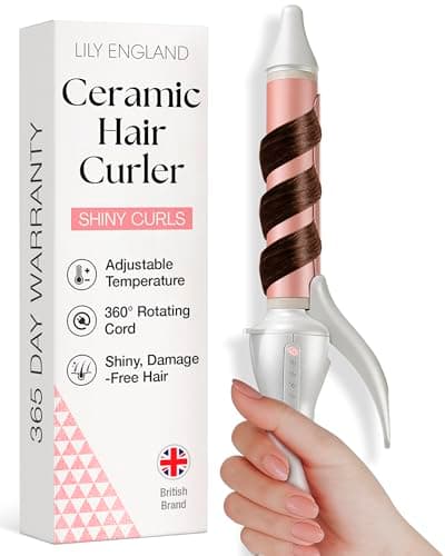 Image of Lily England Hair Curling Wand 25mm, Ceramic Curling Tongs for Short to Long Hair, 100°C - 200°C Adjustable Temperature & Auto-Shut Off, Rose Gold Curler