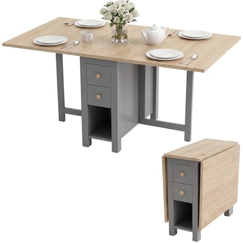 Image of Blisswood Foldable Dining Table for 4–6 Seater, 150cm Drop Leaf Kitchen Table with 2 Drawers & Storage Shelf, Extendable Space Saving Wooden Table for Apartment & Dining Room, Painted Grey Finish