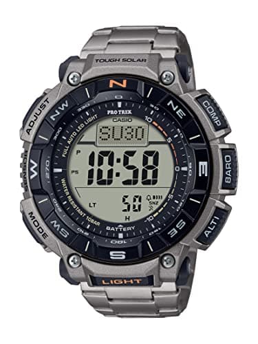 Image of Casio PRG340 Series | Pro Trek | 100 Meter Water Resistance | Compass | Alt/Baro-Thermo | Tough Solar Power | 1-100 SEC Stopwatch | Countdown Timer | World Time, Silver, PRG-340T-7CR