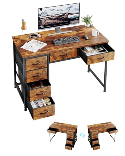 Image of MUTUN 100x48 cm Desk, Small Computer Desk with 6 Fabric Drawers, Reversible Home Office Desk with Adjustable Feet, Work Desks for Office, Study, Vanity Table for Bedroom, Rustic Brown