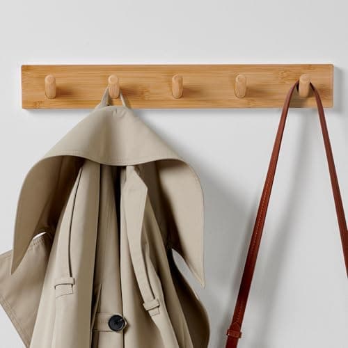 Image of LARHN Wooden Coat Hooks Wall Mounted Coat Rack with 5 Wall Hooks, 43 cm - All Fixings Included for Quick & Easy Installation