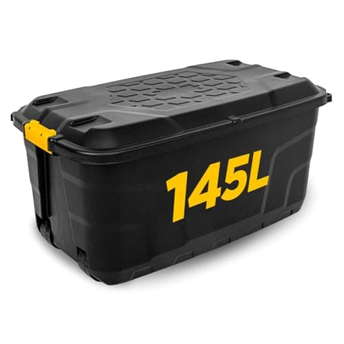 Image of NOVECRAFTO 145L Extra Large Storage Box on Wheels with Lid – Heavy-Duty Storage Box with Clip-Lock Handles, Padlockable, Stackable & Weather-Resistant – Garage, Shed & Outdoor (Black)
