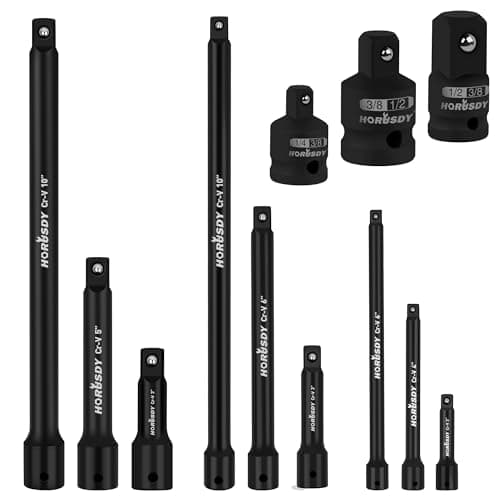 Image of HORUSDY 12-Piece Driver Extension Bar Set Includes Socket Adapters, 1/4", 3/8", and 1/2" Drive, Tool Accessory Set, Socket Extension Bar, Heat-Treated CV-R Steel with Black Phosphate Finish