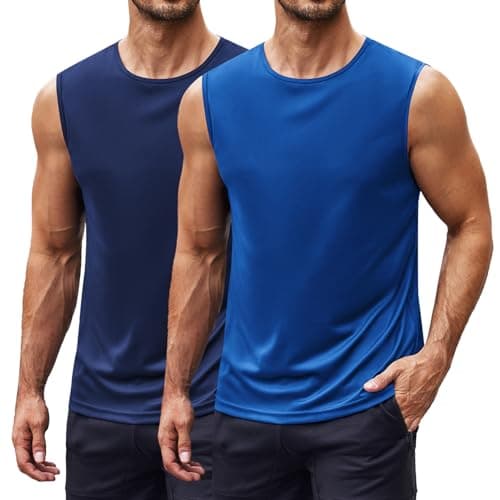 Image of COOFANDY Men's 2 Pack Bodybuilding Athletic Summer Workout Tank Top Gym Essentials Fitness Tank Sleeveless Gym Vest Quick Dry Blue/Navy Blue XXL