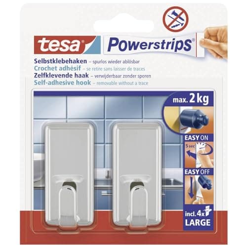 Image of tesa Powerstrips Hooks Large CLASSIC - Removable Self-Adhesive Wall Hook for Glass, Tiles, Wood, Plastic and Other Surfaces - Chrome - Holds Up to 2 kg