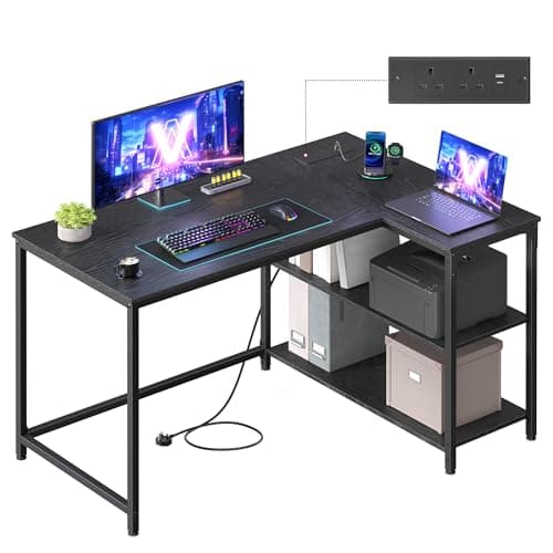 Image of VASAGLE L Shaped Corner Desk, Computer Gaming Desk with Storage, Reversible Height-Adjustable Shelves, for Home Office, with Power Outlets 2 USB Ports, 110 x 80 cm, Ebony Black LWD131BE02