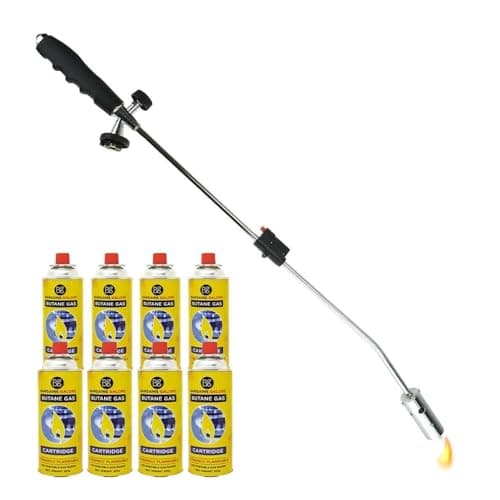 Image of Weed Burner + 8 Butane Gas Canisters - Killer Wand Blowtorch Garden Outdoor Weeds Grass Moss Fungus Auto Ignition Adjustable Flame Flame Thrower | 8 Gas Bottles - Weedkiller