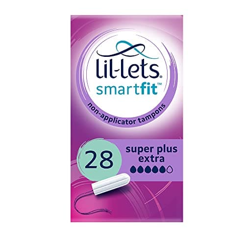 Image of Lil-Lets Non-Applicator Super Plus Extra Tampons, 28 Count (1 Pack), for Very Heavy Flow, 5 Droplets, Plant-Based, SmartFit Non-App Tampon