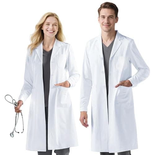 Image of BSBUY Lab Coat Women Men White Cotton Polyester Medical Coat Science Doctors Scientist Coat, Unisex Adult Lab Coat Chemistry Laboratory Food Coat Workwear Uniform Fancy Dress Costume with Pocket(M)