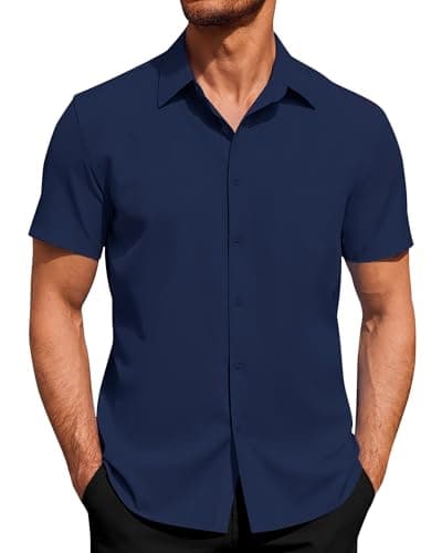 Image of J.VER Mens Short Sleeved Shirts 4-Way Stretch Casual Shirt Regular Fit Non Iron Business Dress Summer Button Down Shirts Navy Blue M