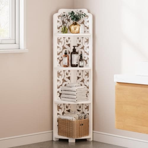 Image of Dripex 4 Tier White Corner Shelf, Narrow Bookshelf for Small Space, Floor Standing Storage Display Rack for Bathroom, Living Room, Bedroom or Home (Baroque Style)