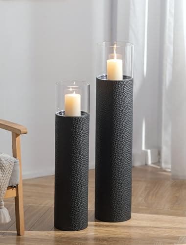 Image of Sziqiqi Floor Standing Candle Holders: Hurricane Pillar Candle Holders Set of 2 for Home Decor - 85/70 cm Black Cylinder Candle Stand as Large Floor Ornaments for Living Room Fireplace Outdoor