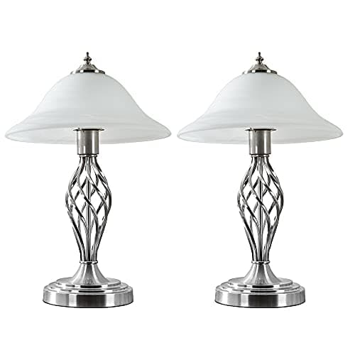 Image of MiniSun | Pair of - Traditional Style Satin Nickel Barley Twist Table Lamps with a Frosted Alabaster Shade - Complete with 6w LED GLS Bulbs | Table Lamps & Home Improvements Essential | Mains Wired