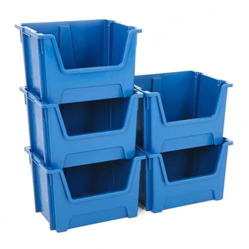 Image of BiGDUG Essentials Large Stacking Pick Bin - 320H x 495W x 390D mm - 50L Capacity Plastic Storage Boxes (Blue, Pack of 5)