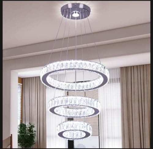 Image of Finktonglan 3-Ring Crystal LED Chandelier, Adjustable Height K9 Stainless-Steel Ceiling Pendant Light for Dining Room, Living Room & Stairwell, Integrated 52W, Cool White 6500K (Non-Dimmable)