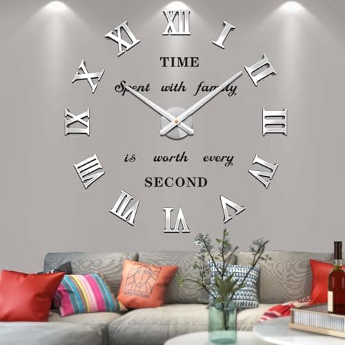 Image of Mute DIY Frameless Large Wall Clock Roman Numerals 3D Mirror Sticker Home Office Decorations (Silver)