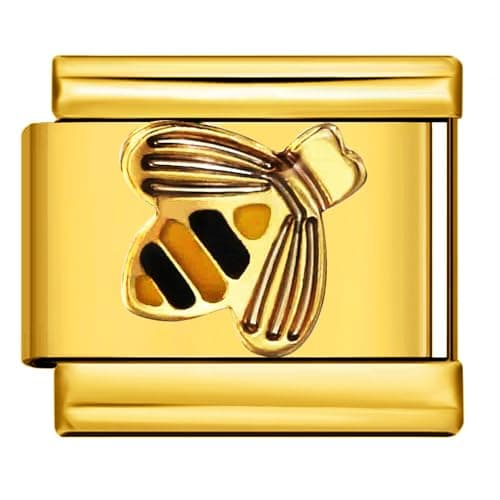 Image of Mon & Sons 18k Gold Honey Bee Insect Silver Italian 9mm Link Stainless Steel Bracelet Charm Compatible With 9mm Link