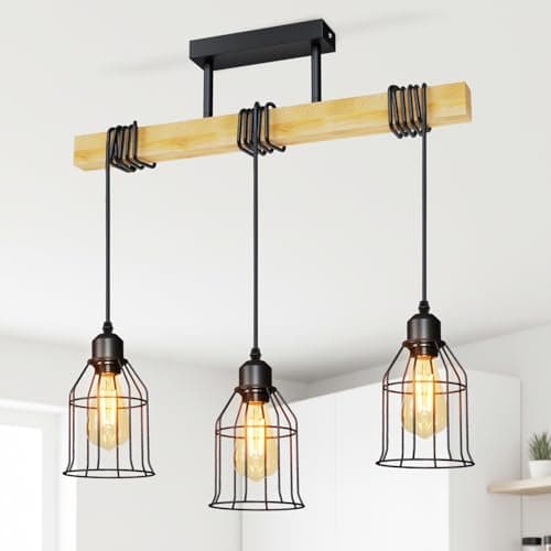 Image of LVWIT Black Kitchen Lights Ceiling,Pendant Lighting,Vintage Hanging Lights,Wood Ceiling Light Fitting,3 Way Drop Light Ceiling,Industrial Ceiling Light for Lving and Dining Room(E27 Base,NO Bulbs)