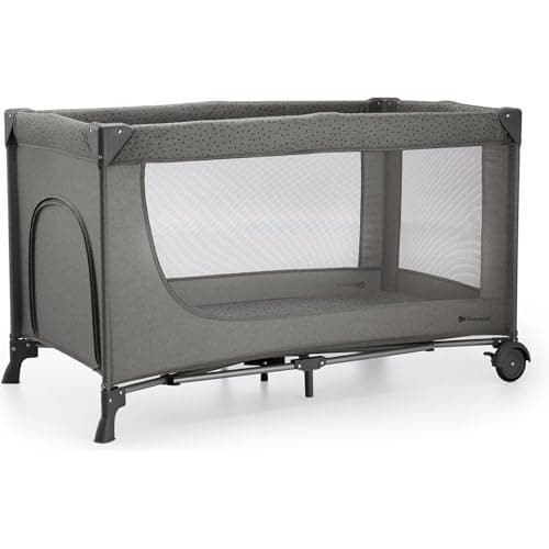 Image of Kinderkraft JOY 2 2 in 1 Umbrella Bed, Newborn Baby Cot up to 25 kg, 120 x 60 cm, Easy to Fold, Shelves for Nappies, Grey