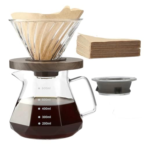 Image of Lalord Pour Over Coffee Maker, 600 ml Borosilicate Glass Carafe with 100 pcs Size 02 Paper Filter, Walnut Handle, Drip Coffee Maker for Home Café Restaurant Camping, Hold 3 Cups