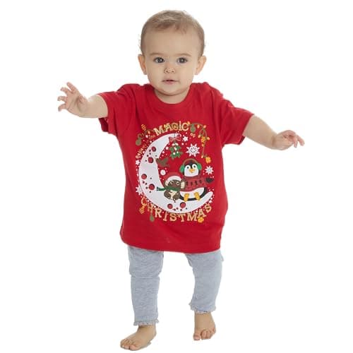 Image of WS-AW23 Baby Girls Boys Christmas T-Shirt Xmas Novelty Print Tee Short Sleeve Top 100% Cotton Red Magic Moon Christmas 9-12 Months