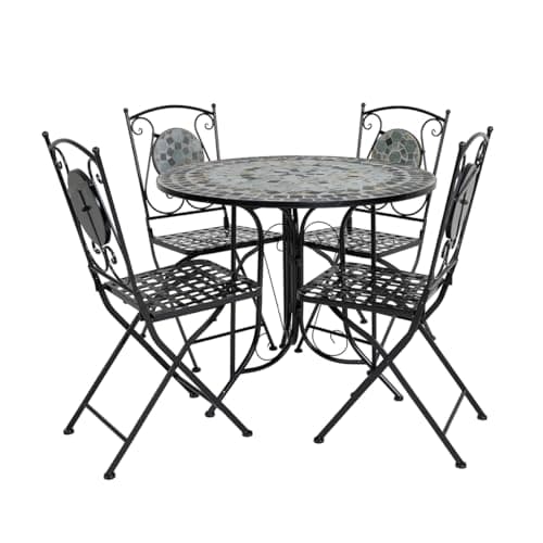 Image of CHARLES BENTLEY Garden Blue Mosaic 5 Piece Dining Set, With Folding Chairs, Outdoor, Patio, Conservatory, Foldable Chairs, Antirust Finish, Interwoven Seat, 4 Person, Round Table, Robust (90x90x72cm)