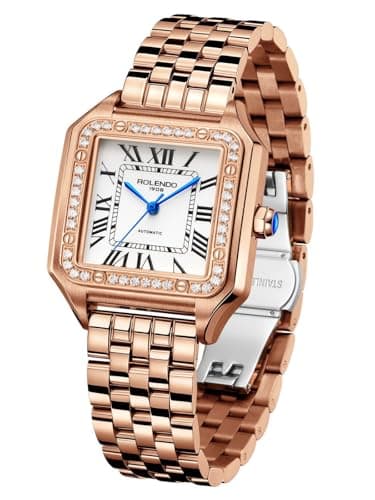 Image of ROLENDO Automatic Watch for Women, Luxury Square Watch, Roman Numerals, 33mm Ladies Watch Elegant, Stainless Steel Bracelet, Diamond Wrist Watches for Work Dress, Gift for Her, RoseGold RL7110, TANK