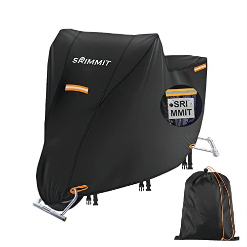 Image of Motorbike Cover Waterproof Outdoor, SRIMMIT Heavy Duty 420D Universal Motorcycle Covers, Sun Protection,with License Plate Window, 4 Reflective Strips, Lock-Holes Storage Bag (XXL 90"x 37"x 50")