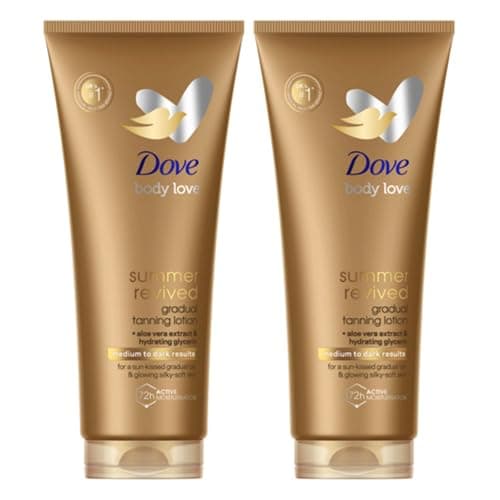 Image of Dove Summer Revived Medium to Dark Gradual Tanning Lotion for a gradual tan and natural, radiant glow non‑greasy self-tan for all skin types 200 ml x2