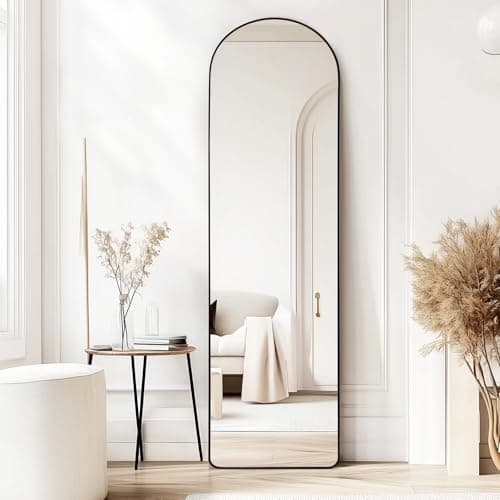 Image of CROWNSHOP Full Length Mirrors 150x40cm Free Standing Arched Aluminium Alloy Tempered Glass Floor Mirror Wall Full Body Large Hanging Mirror For Hallway, Living Room, Bedroom (150x40cm-Black)