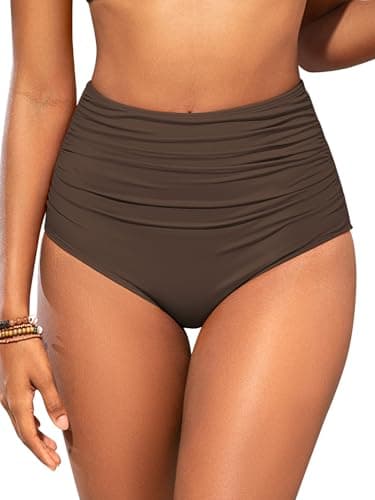 Image of SHEKINI Women Shaping Swimwear Bottoms High Waisted Bikini Bottom Tummy Control Ruched Swim Brief Bottom, Brown, XX-Large