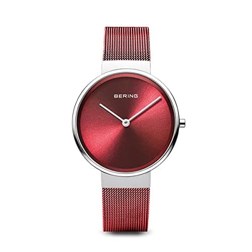 Image of BERING Women Analog Quartz Classic Collection Watch with stainless steel Strap and Sapphire Crystal 14531-303, Red/Silver, 31 mm