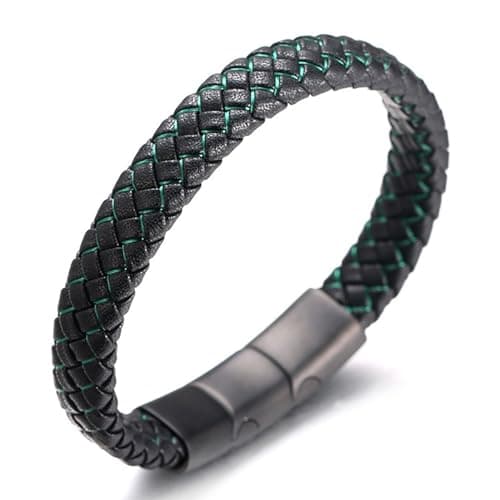 Image of HALUKAKAH Plus ● Jazz ● Men's Genuine Leather Handmade Braid Black Mix Green Bracelet Titanium Magnetic Frosted Clasp Size Adjustable 21.5-23cm with Free Giftbox