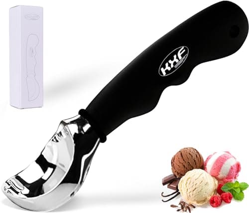 Image of KXF Stainless Steel Ice Cream Scoop with Non-Slip Rubber Grip Heavy Duty Ice Cream Spoon Sturdy Icecream Scooper Cookie Fruit Scoop for Cookie Dough, Mash Potatoes, Melon Balls, Dishwasher Safe(Black)