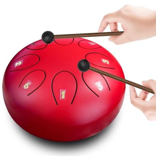 Image of Steel Tongue Drum: 6 inch 8 tone Musical Percussion Instrument, Rain Drum for Outside - Ideal Present for Family and Friends (Red)