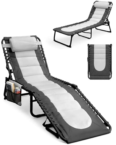 Image of KEPLIN Foldable Sun Lounger Chair - Padded Two Tone Outdoor Garden Recliner, 4 Position Adjustable Backrest, 600D Oxford Fabric, Portable Patio Camping Deck Chair - 110kg Capacity