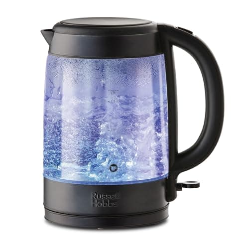 Image of Russell Hobbs Glass Kettle, Stylish Matte Black Design, Perfect Pour Spout, Internal Blue Illumination, Washable Anti-Scale Filter, Large 1.7L Capacity, 3000W, 27750