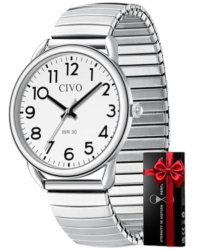 Image of CIVO Easy Read Watches for Men: Waterproof Watch with Clear Dial Stainless Steel Spring Strap - Analog Quartz Watch with Non Adjustmentmen for Seniors with Poor Eyesight