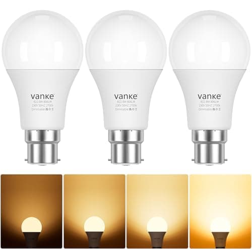 Image of Vanke Dimmable Bayonet Light Bulb, 8W (Equivalent to 60W), B22 LED dimmable Light Bulb, Warm White 2700K, 806 Lumen BC A60 GLS Energy Saving Lightbulb, Pack of 3