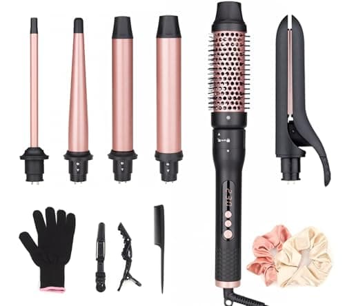 Image of UNOBEY 6 in 1 Curling Iron Wand Set with Curling Brush, Hair Straightener and 4 Interchangeable Ceramic Barrels Curling Wand(0.5"-1.25"), Instant Heat Up, Dual Voltage Hair Curler Tools, Include Glove