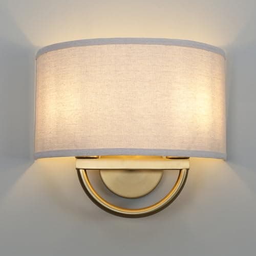 Image of Yosoan Industrial Fabric Wall Sconces Lights, Vintage Beside Wall Light for Living Room Bedrooms Dining Room Hallway,Beige Line Wall Lamp Shade (Antique Gold)