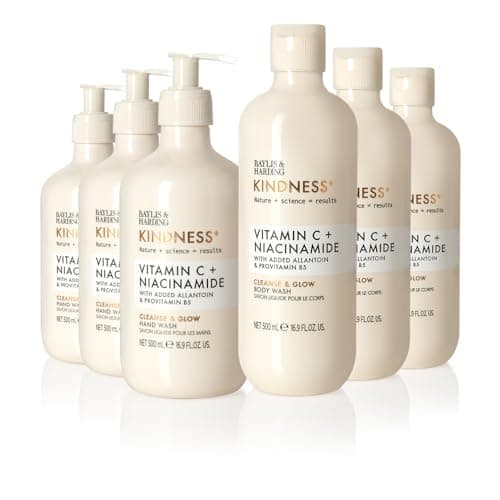 Image of Baylis & Harding Kindness + Vitamin C & Niacinmide Bundle: 3 x 500 ml Hand Wash & 3 x 500 ml Body Wash (6 Bottles) - Vegan Friendly