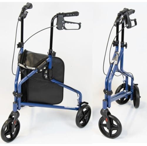 Image of NRS Healthcare 3 Wheel Steel Rollator Wheeled Walking Aid with Bag & Lockable Brakes, Folding & Height Adjustable – Blue