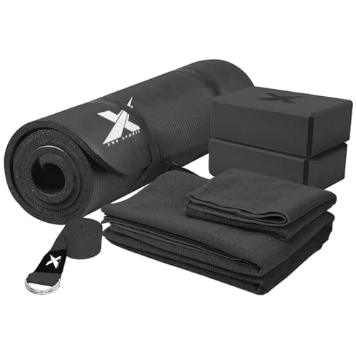 Image of Xn8 Yoga Starter Set - 6-Piece NBR 15mm Yoga Mat Set Included Pilates Block, Yoga Towels, Strap - Complete Yoga Starter Kit for Beginners - Black