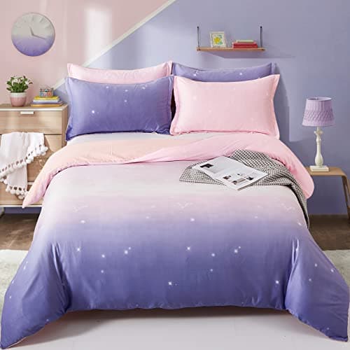 Image of DJY Purple Bedding Set Pink Gradient Duvet Cover Rainbow Quilt Cover Pillowcase with Zipper Closure for Kids Girls Teens Adults (Single Size 135x200cm)