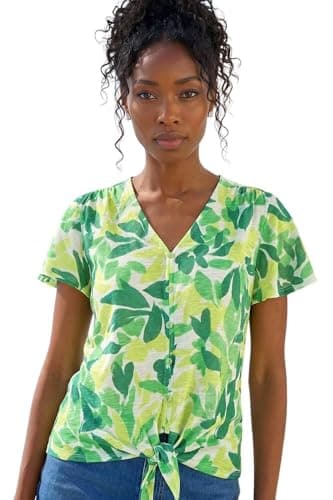 Image of Roman Women Broderie Anglaise Tie Front Top Ladies Floral Crochet Embroidered Blouse Smart Casual Button Down Summer T-Shirt Tee Spring Cruise Beach Holiday Party Leaf Green