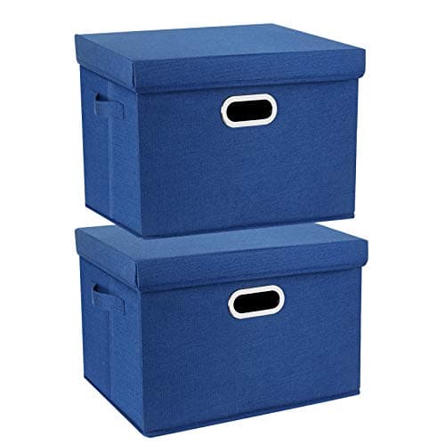 Image of TYEERS Large Storage Box with Lid, Collapsible, Washable, Fabric Storage Box for Clothes, Wardrobe Storage, 44x30x29 cm, Set of 2, Classic Blue