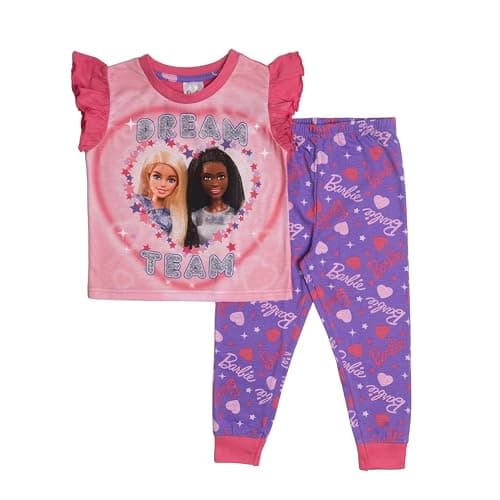Image of Barbie Girls Pyjamas Frilly Top and Long Trousers Kids Pjs Nightwear 7-8 Years Pink