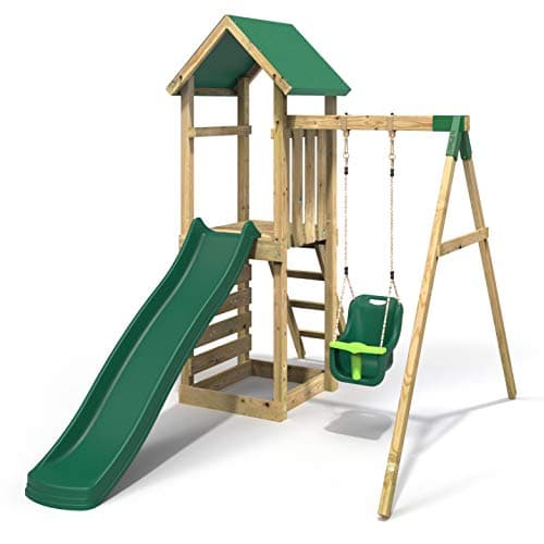 Image of Rebo® Children's Adventure Playset Wooden Climbing Frame, Swing Set and Slide - Rosa | OutdoorToys | Sturdy Wooden Construction, Pressure Treated Timber