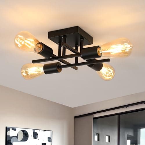 Image of Pheashine Industrial Vintage Ceiling Light, 4-Light Semi Flush Mount Ceiling Lamp with E27 Sockets, Retro Black Chandelier Light Fittings Ceilings for Kitchen, Bedroom, Dining Room, Hallway